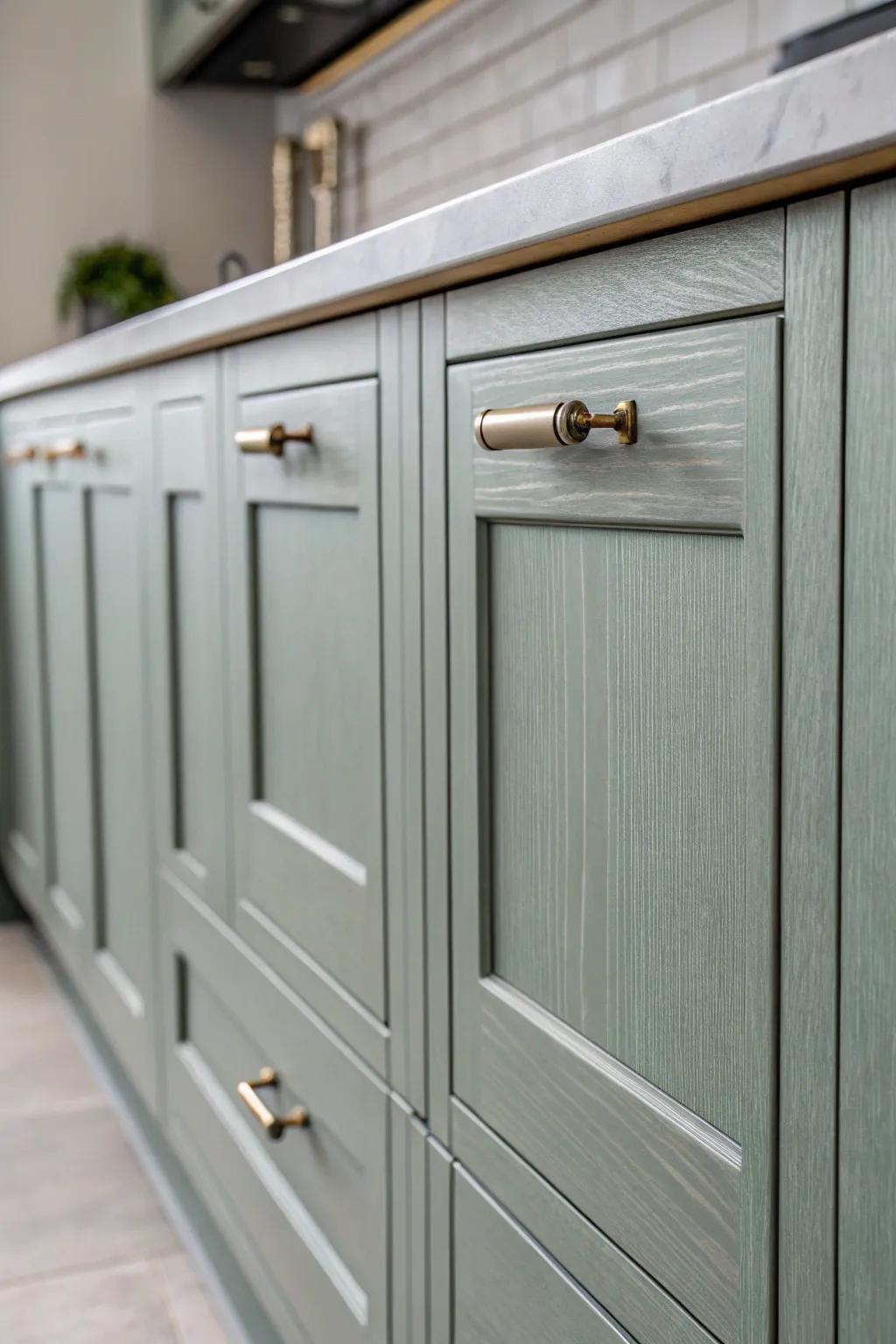 Subdued fittings enhance the sleek design of grey-green cabinets.
