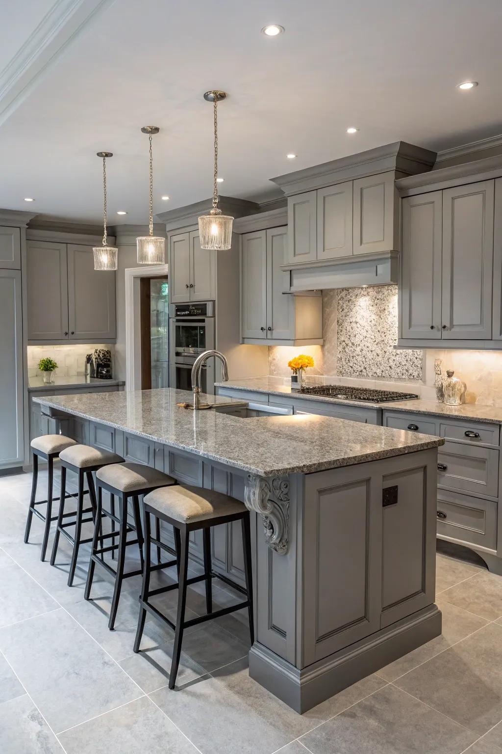 A kitchen peninsula adds functionality and style to a grey kitchen.