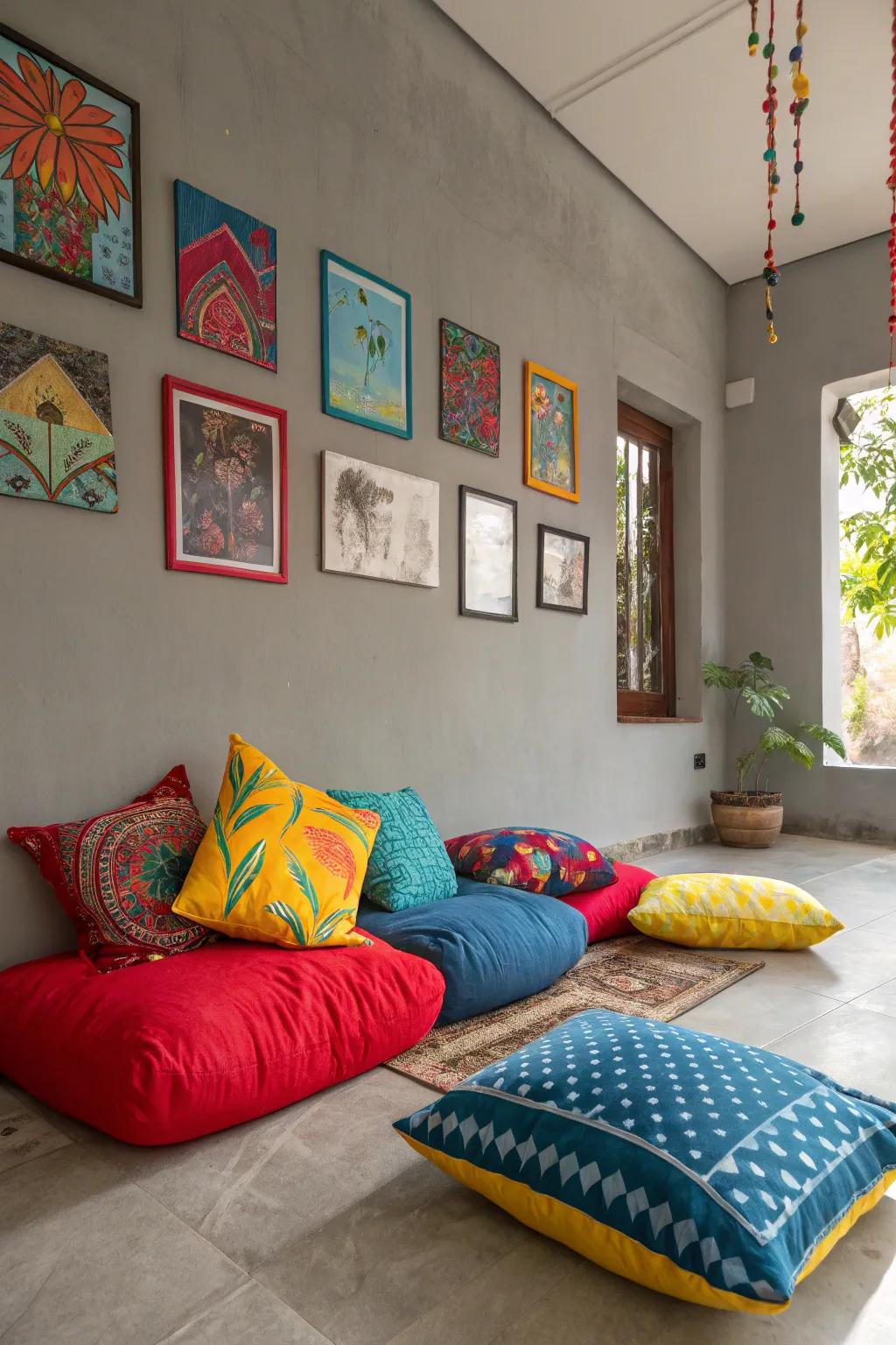 Colorful decor enlivens this grey room.