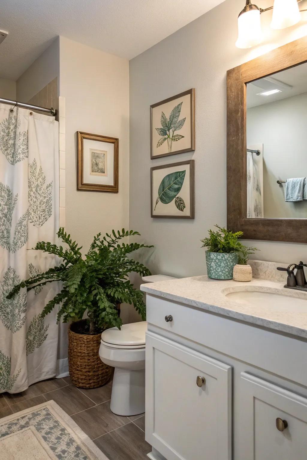Personal touches like plants and art make this guest bathroom inviting.