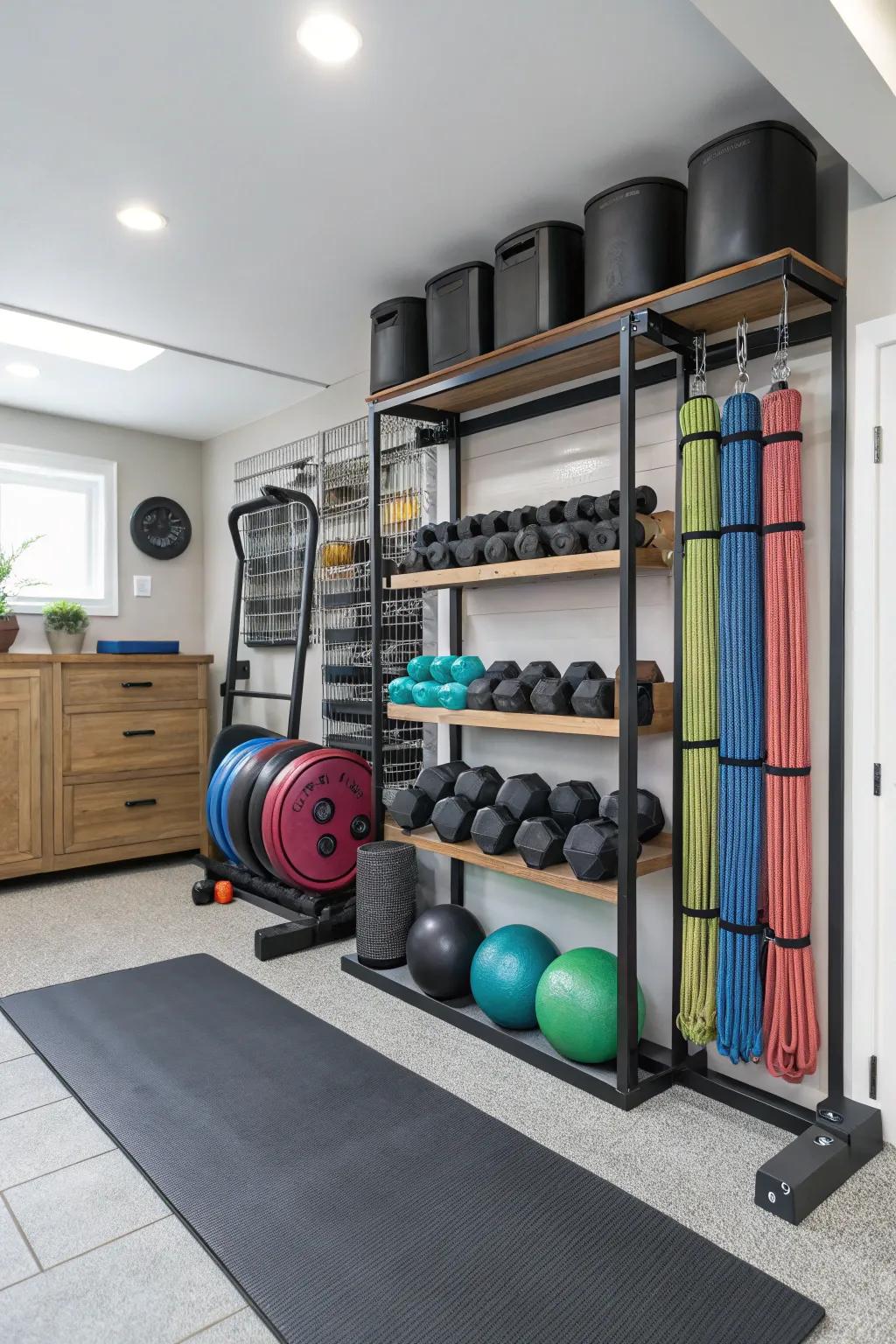 Maintain your exercise area tidy using structured storage.