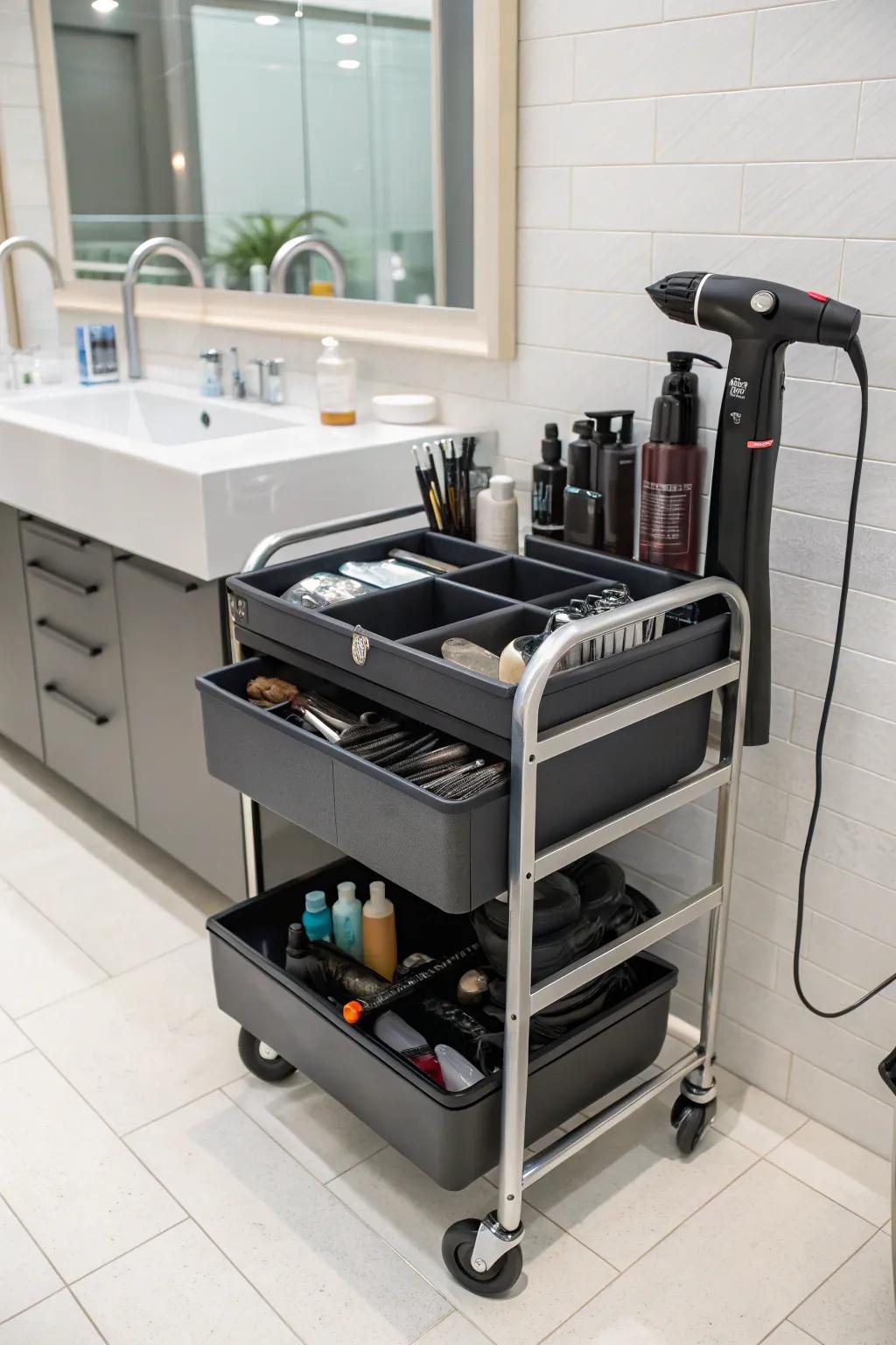A versatile movable cart maintains styling products structured and mobile.