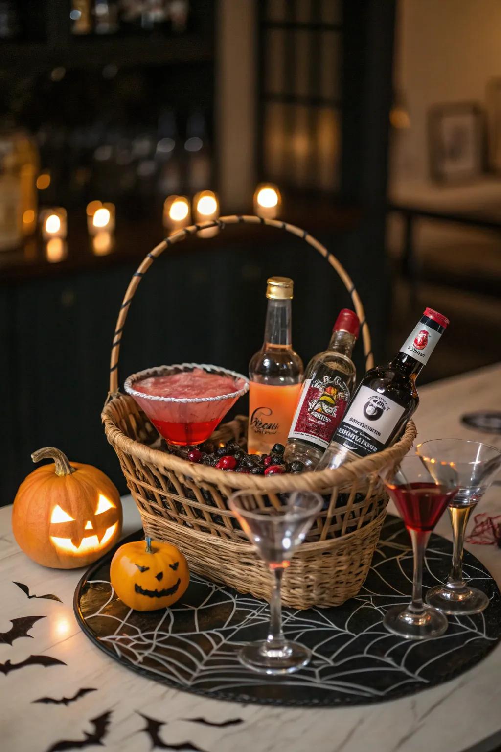 A personal bar in a basket tailored for Halloween cocktail fans.
