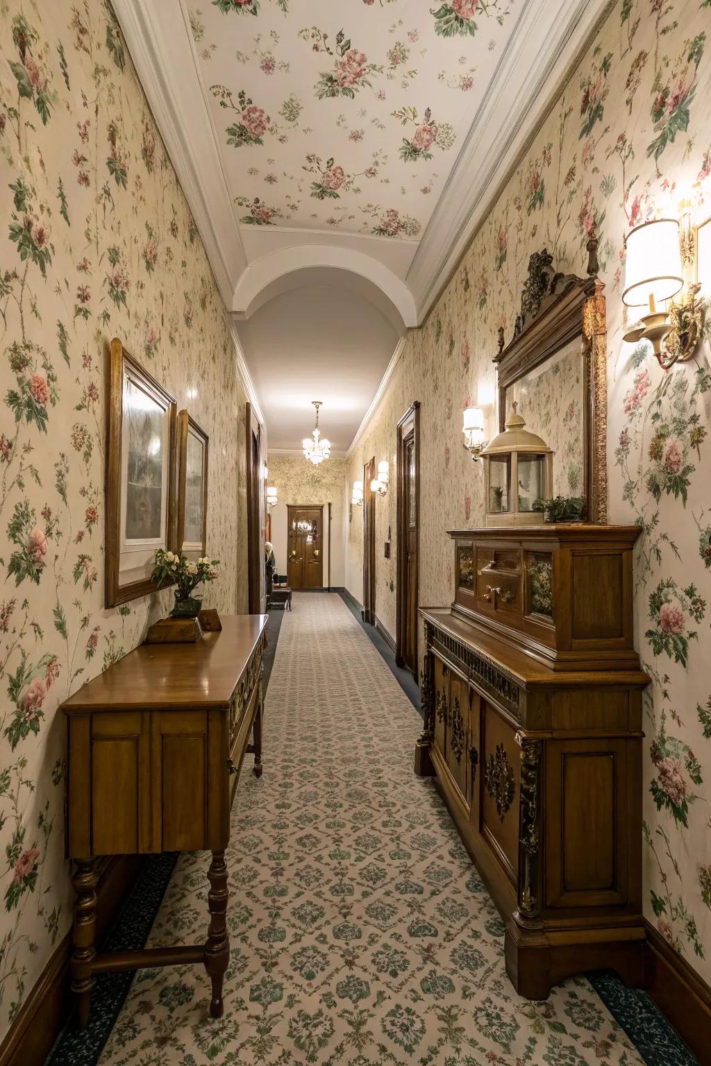 A hallway emanating period allure through classic surface covering.