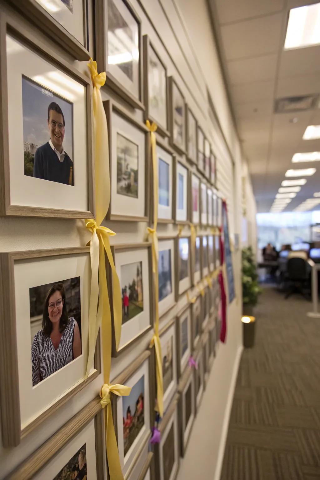 An office wall featuring an image matrix connected by stylish bands.