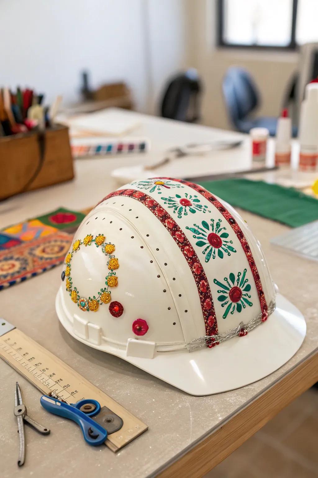 A hard hat uniquely styled with handcrafted ornamental artistry.