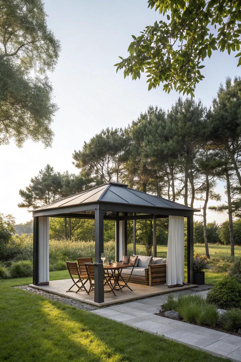 Embrace unpretentiousness with minimalist and snug gazebo decor.