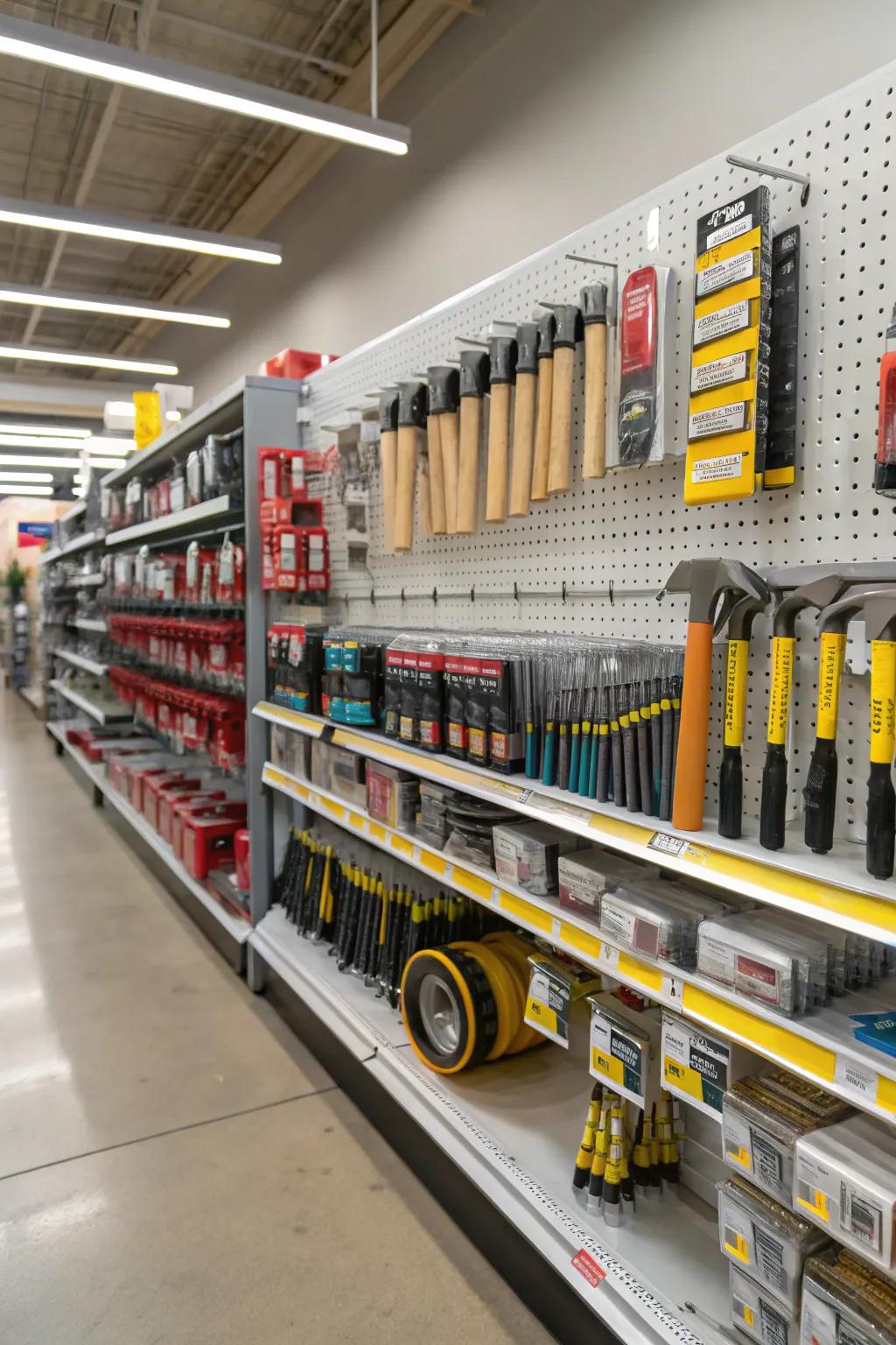 Adaptable shelving showcasing a spectrum of hardware products.