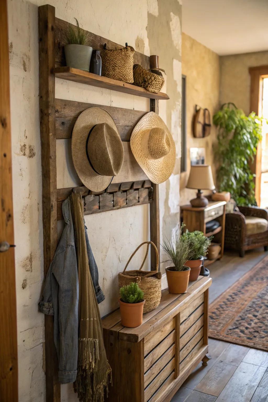 Bespoke hat rack exhibiting a rustic appeal.
