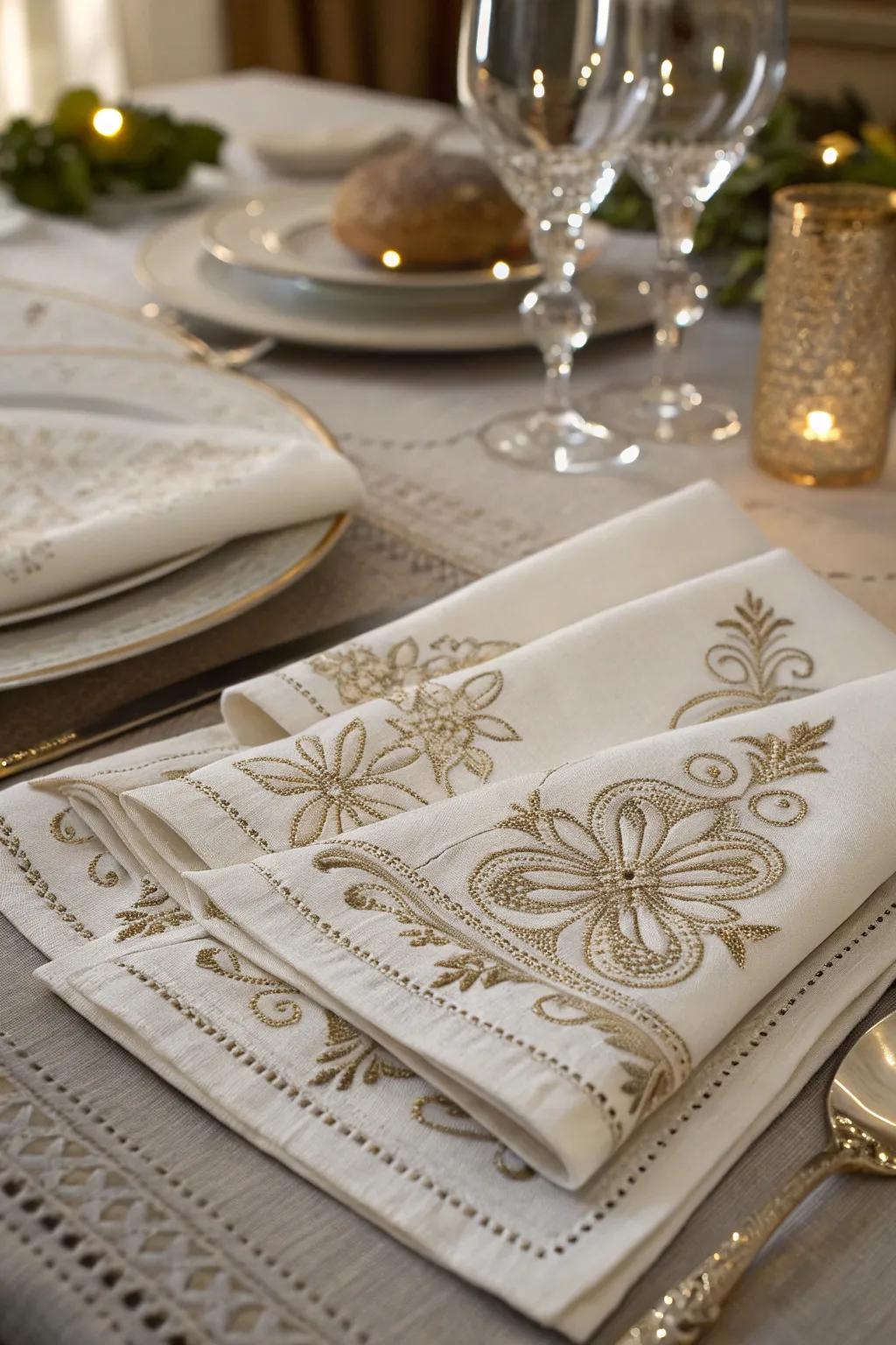 Embroidered linens infuse elegance into everyday dining.