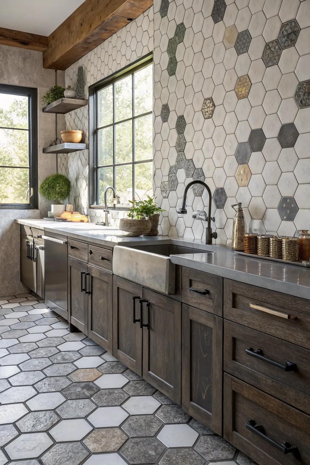 Marrying various materials with hexagons enriches your kitchen with depth and personality.