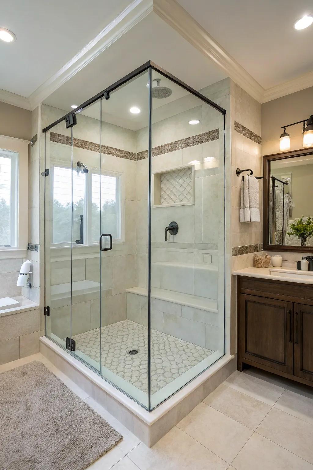 Minimalist glass surrounds uphold an expansive yet concealed sensation.
