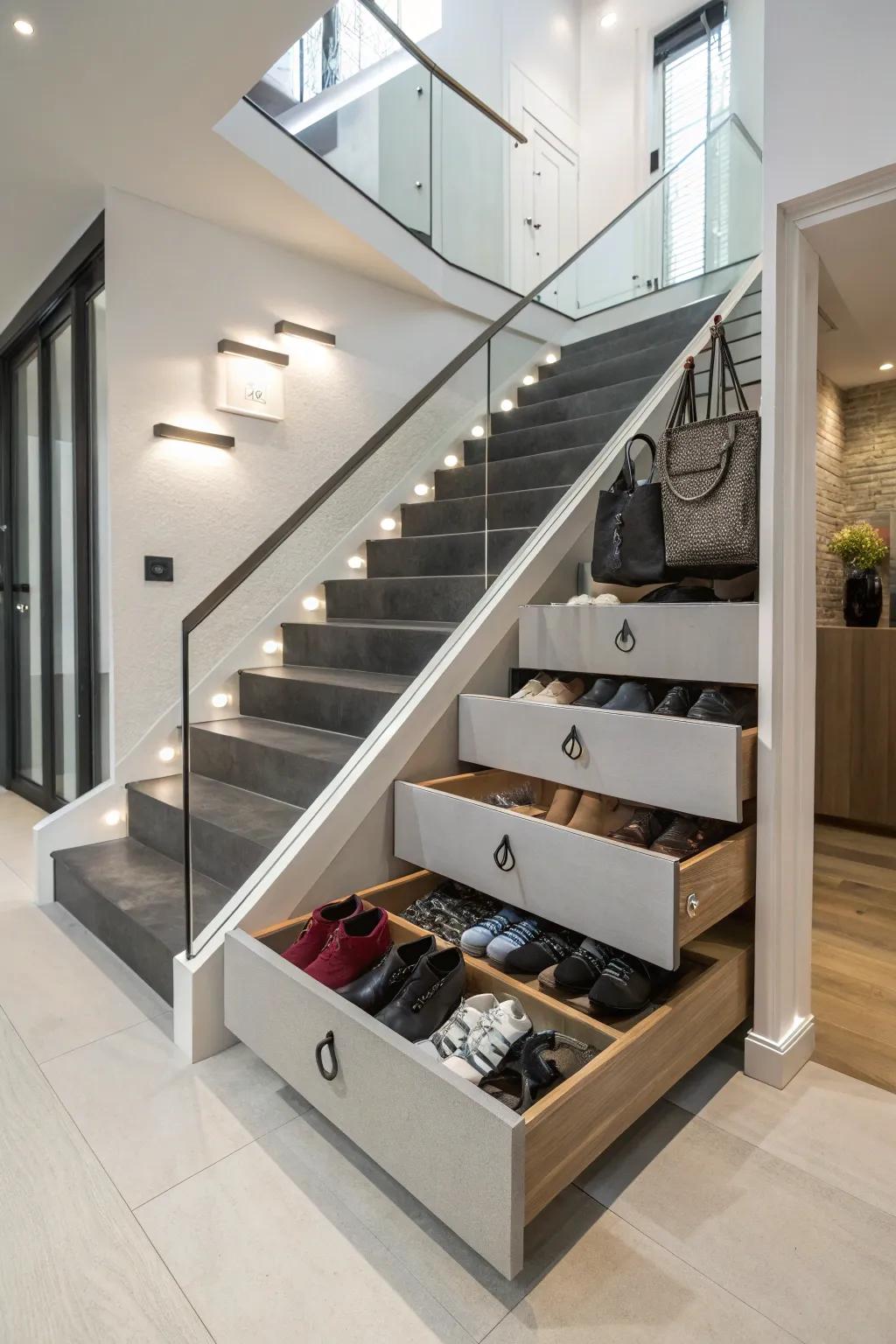 Innovative stairway storage with hidden drawers