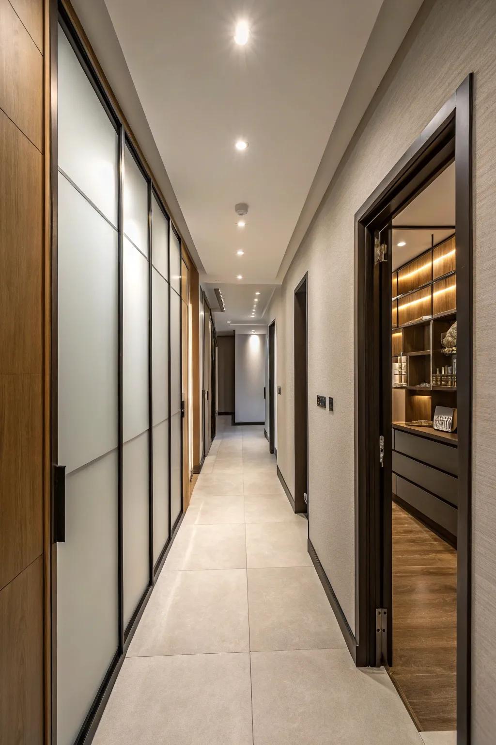 Chic sliding doors in a narrow area hide a furnace and water heater.