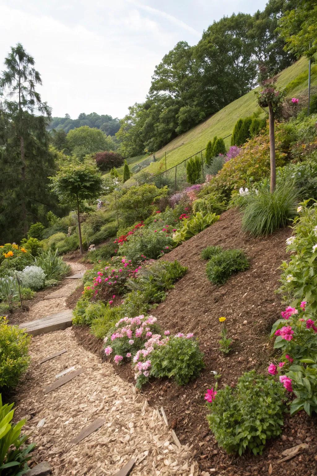 Mulch is a great way to save water and get rid of weeds on a hillside.