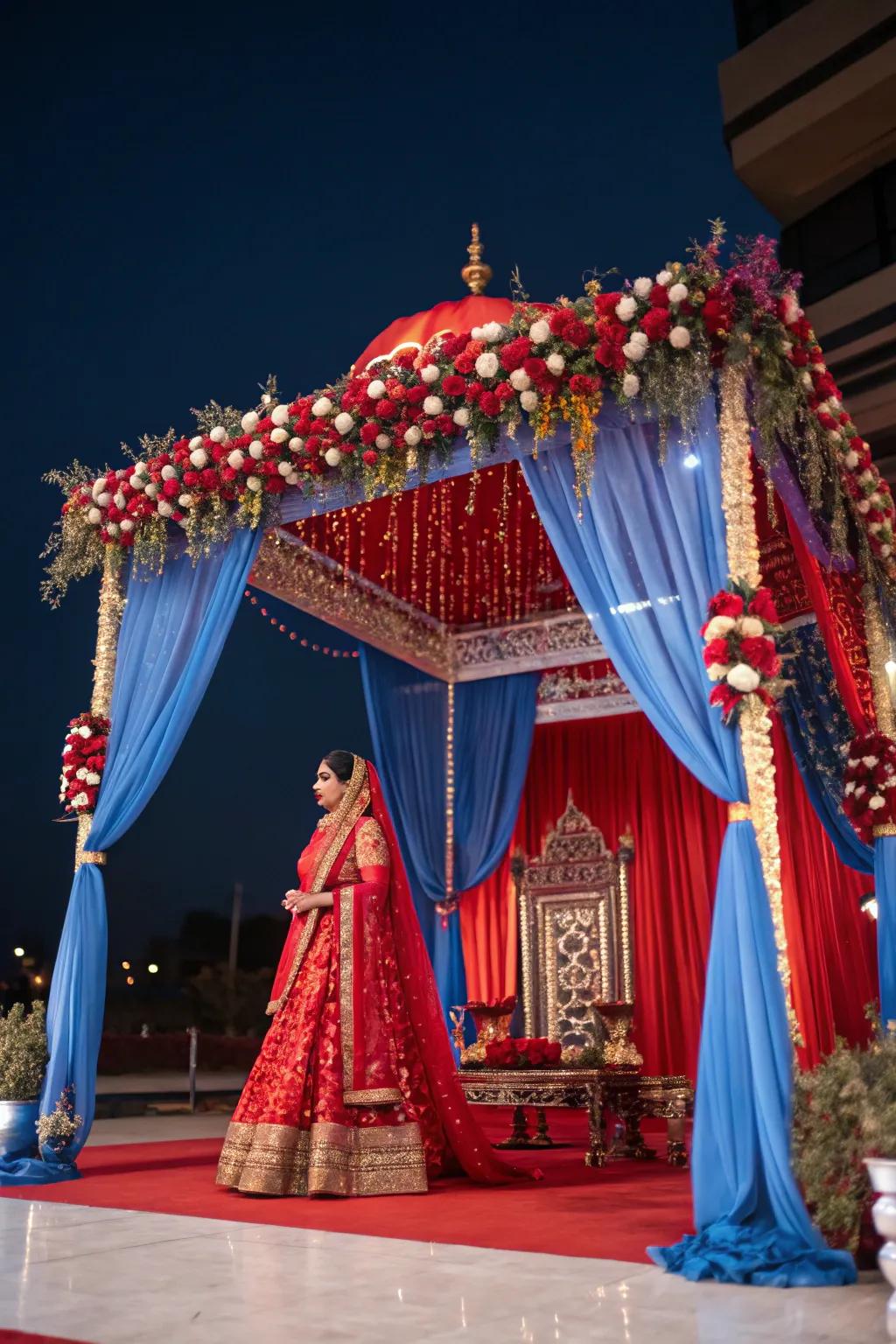 A mandap showcasing striking color palettes, ensuring a remarkable visual impact.