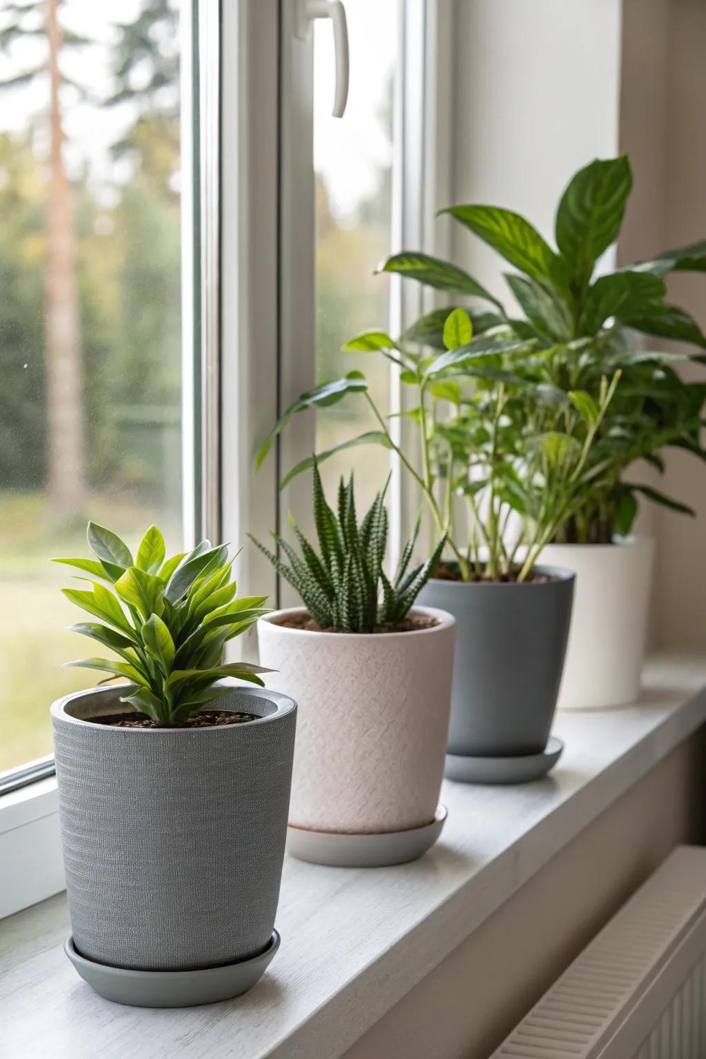 Contemporary planting pots showcasing a selection of indoor plants on a sun-filled windowsill.