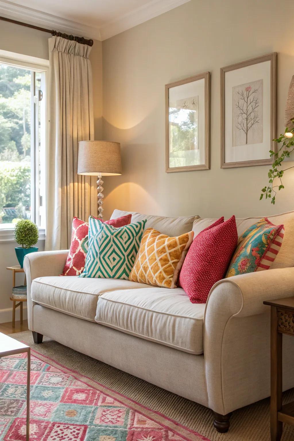 A peaceful space featuring touches of vibrant hues.