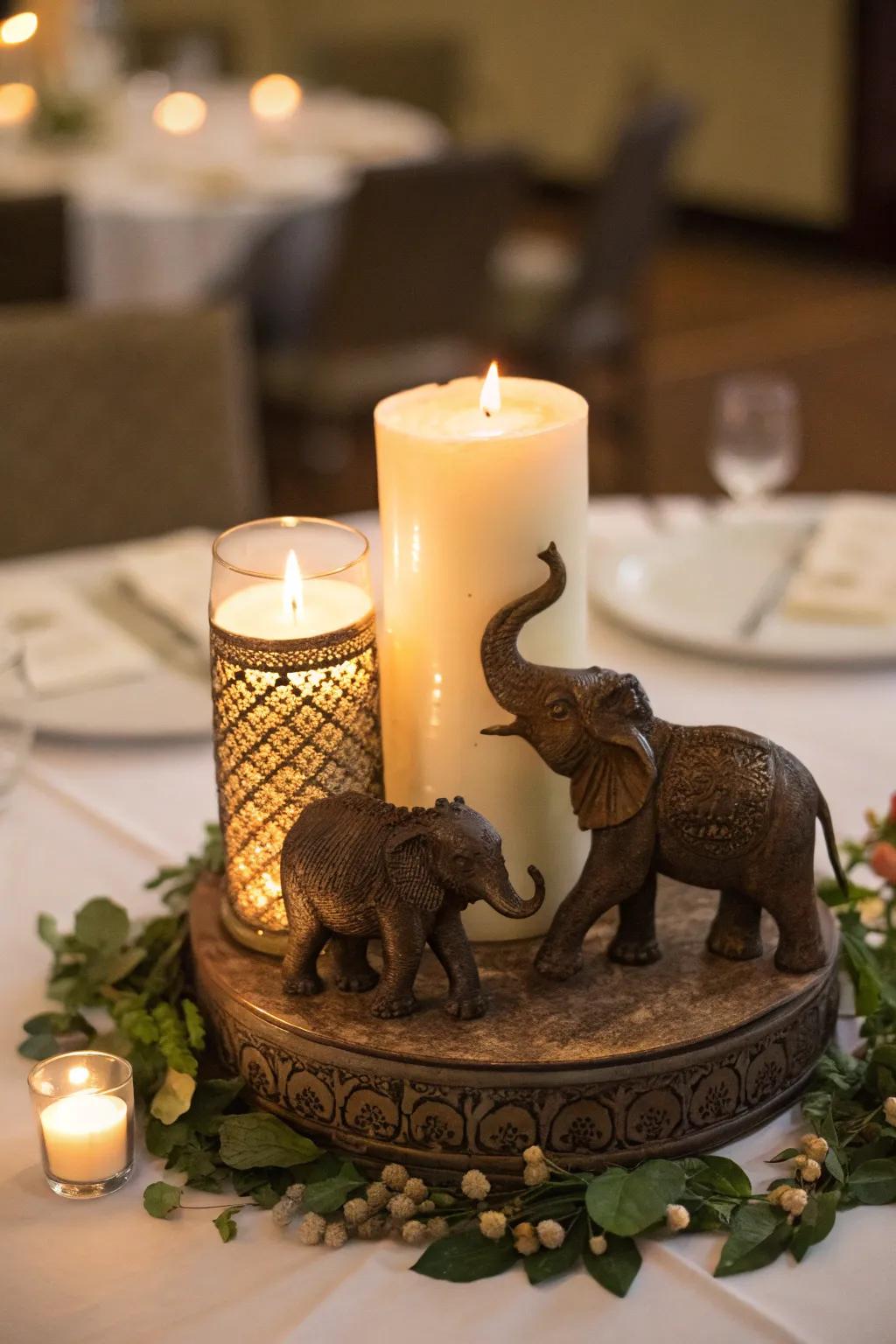 Candlelit centerpiece featuring elephants for a cozy atmosphere.