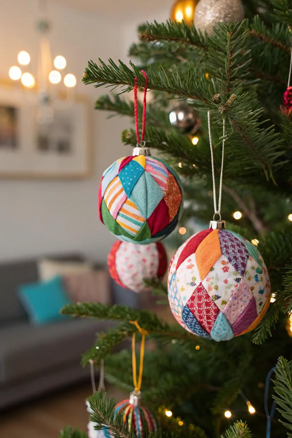 Vibrant cloth remnant baubles contributing an eruption of hue to the festive ornamentation.