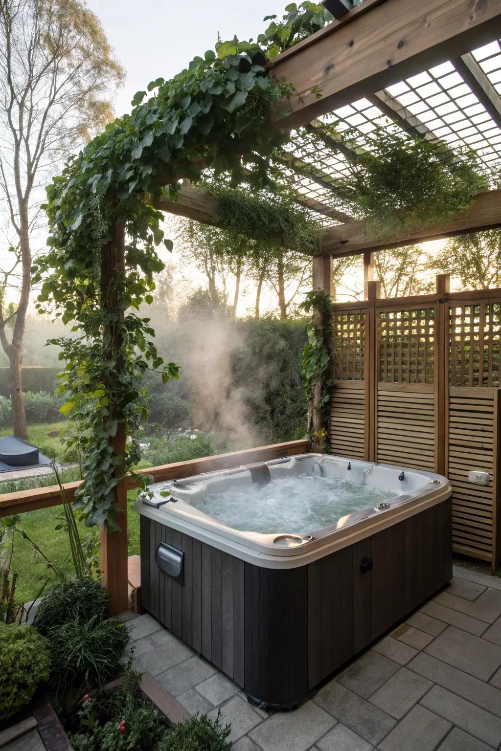A secluded spa precinct featuring screens and an arbor.