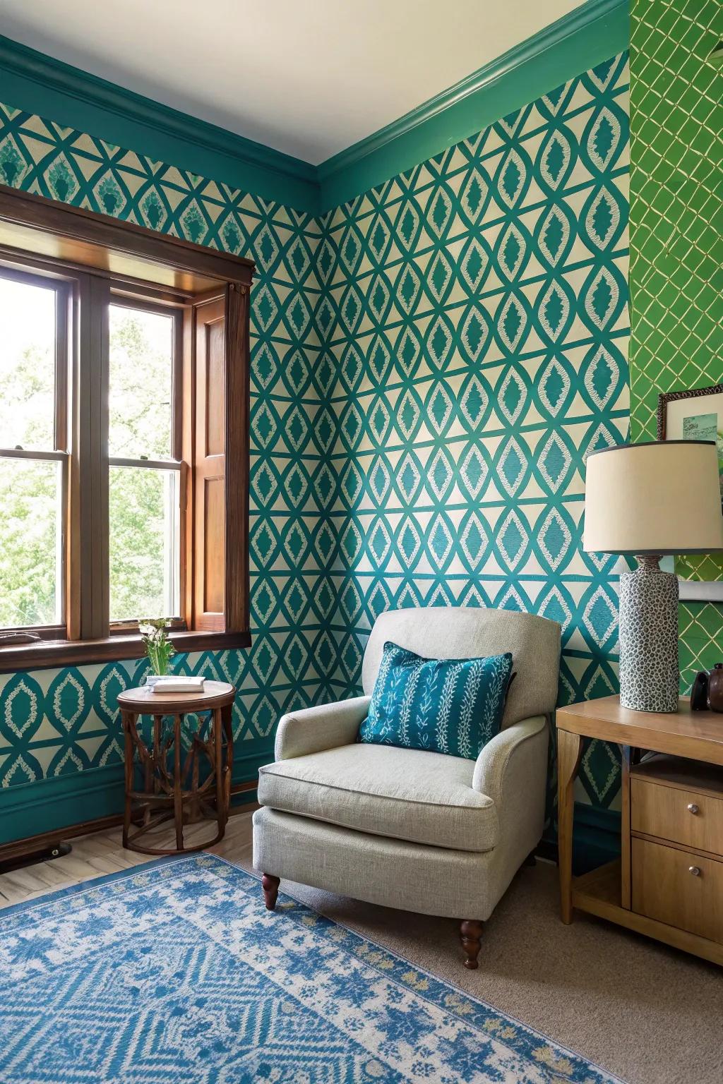 Room transformed with bold patterned wall covering.