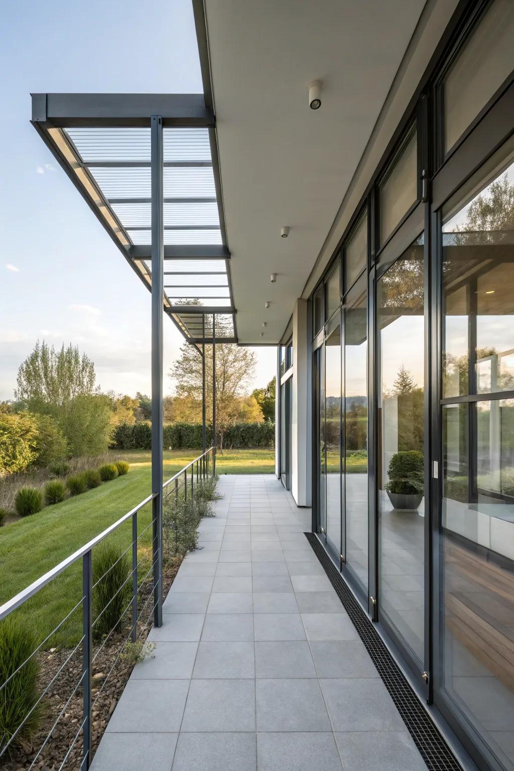 Contemporary substances such as metal and glass elevate this porch's design.