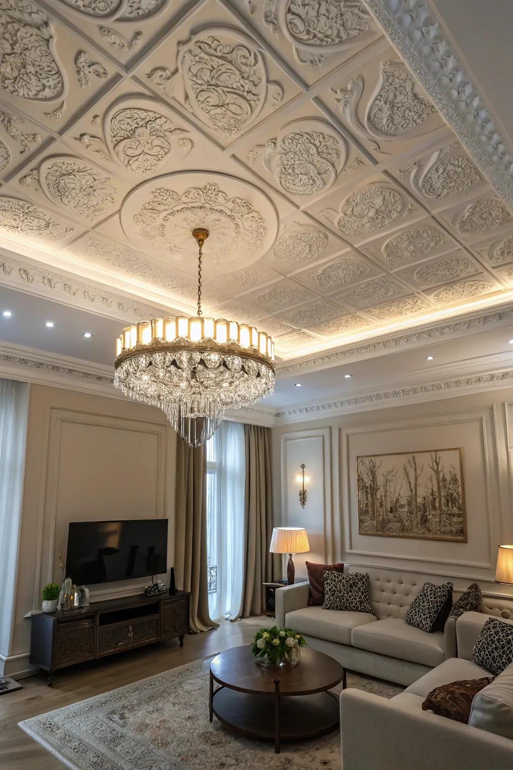 A living space distinguished by a refined and impeccably styled ceiling design.