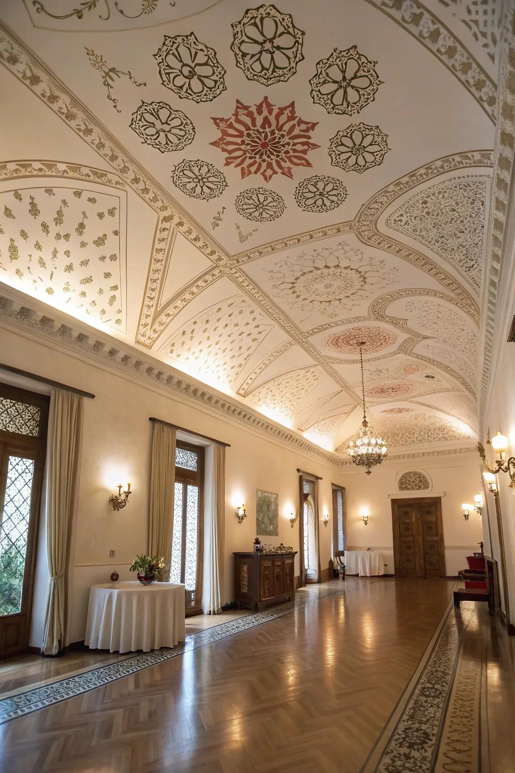 An exquisite chamber exhibiting intricately imprinted designs on the overhead plane.