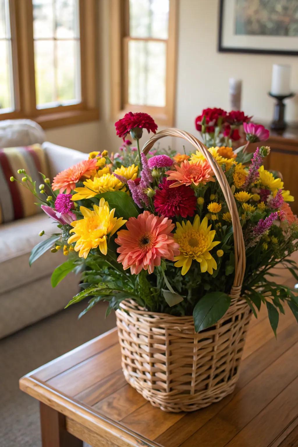 Blossoms in baskets compose a spirited and chromatic presentation.