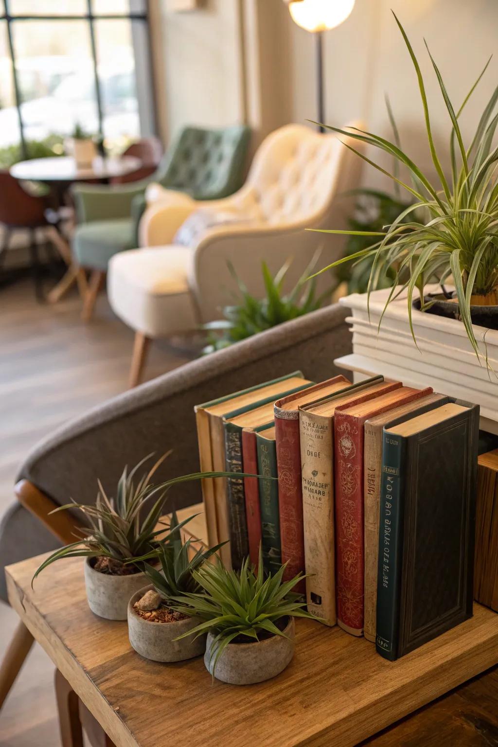 Air plants serving as animated bookends, contributing a distinctive touch.