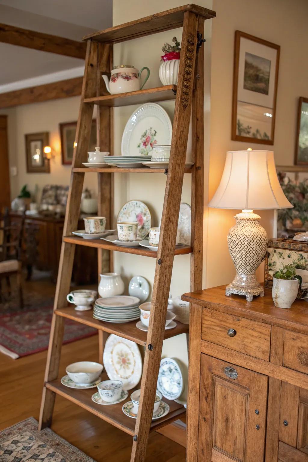 A rustic ladder-style shelf showcasing an alluring compilation of china.