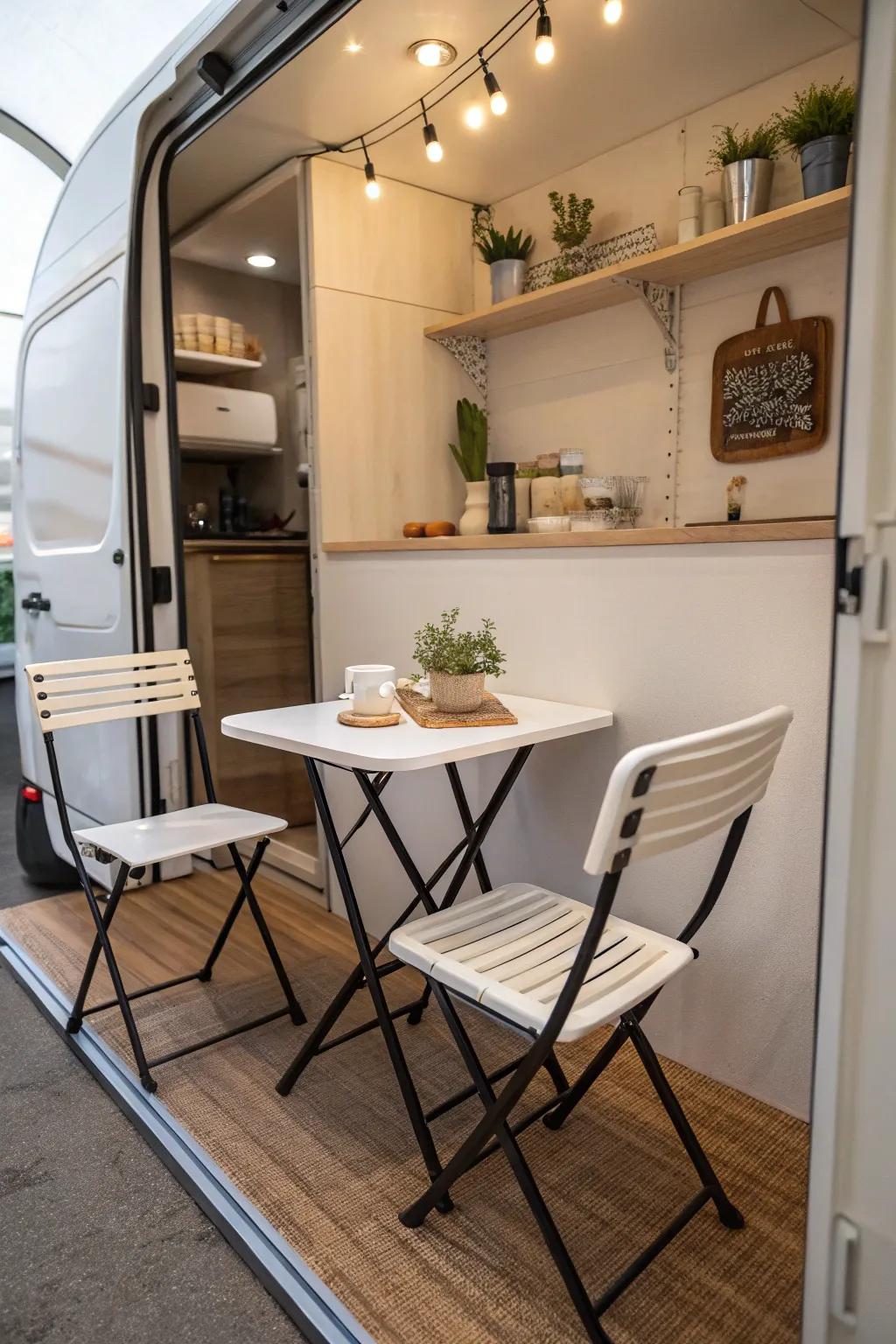 An eating space that optimizes available area through the use of collapsible furnishings.