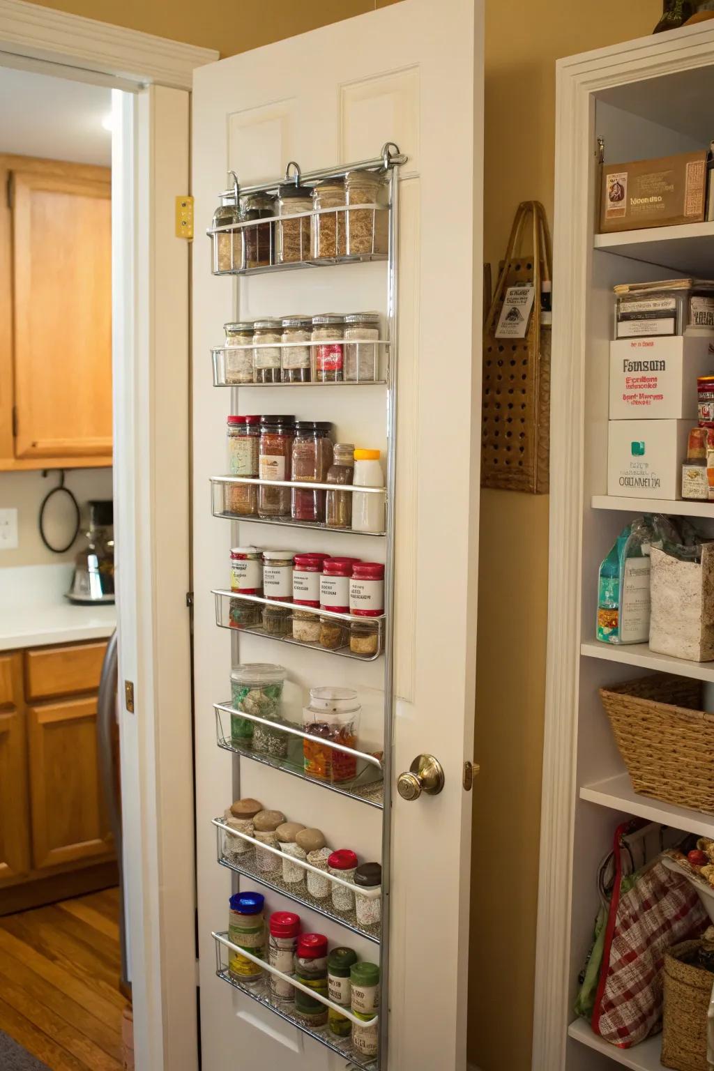 Over-the-door racks increase spice storage space.