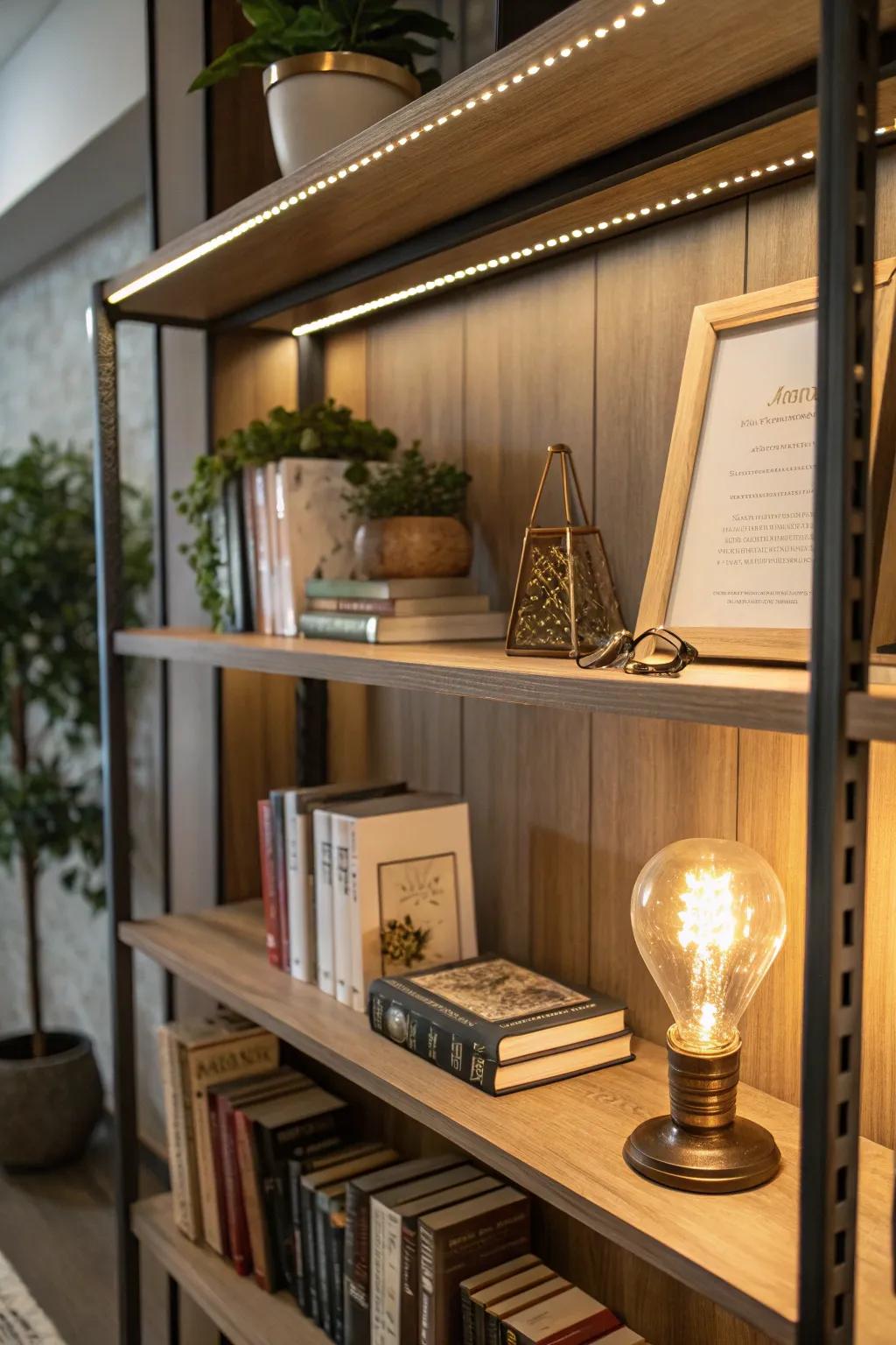 LED lights contribute a touch of enchantment to any bookshelf
