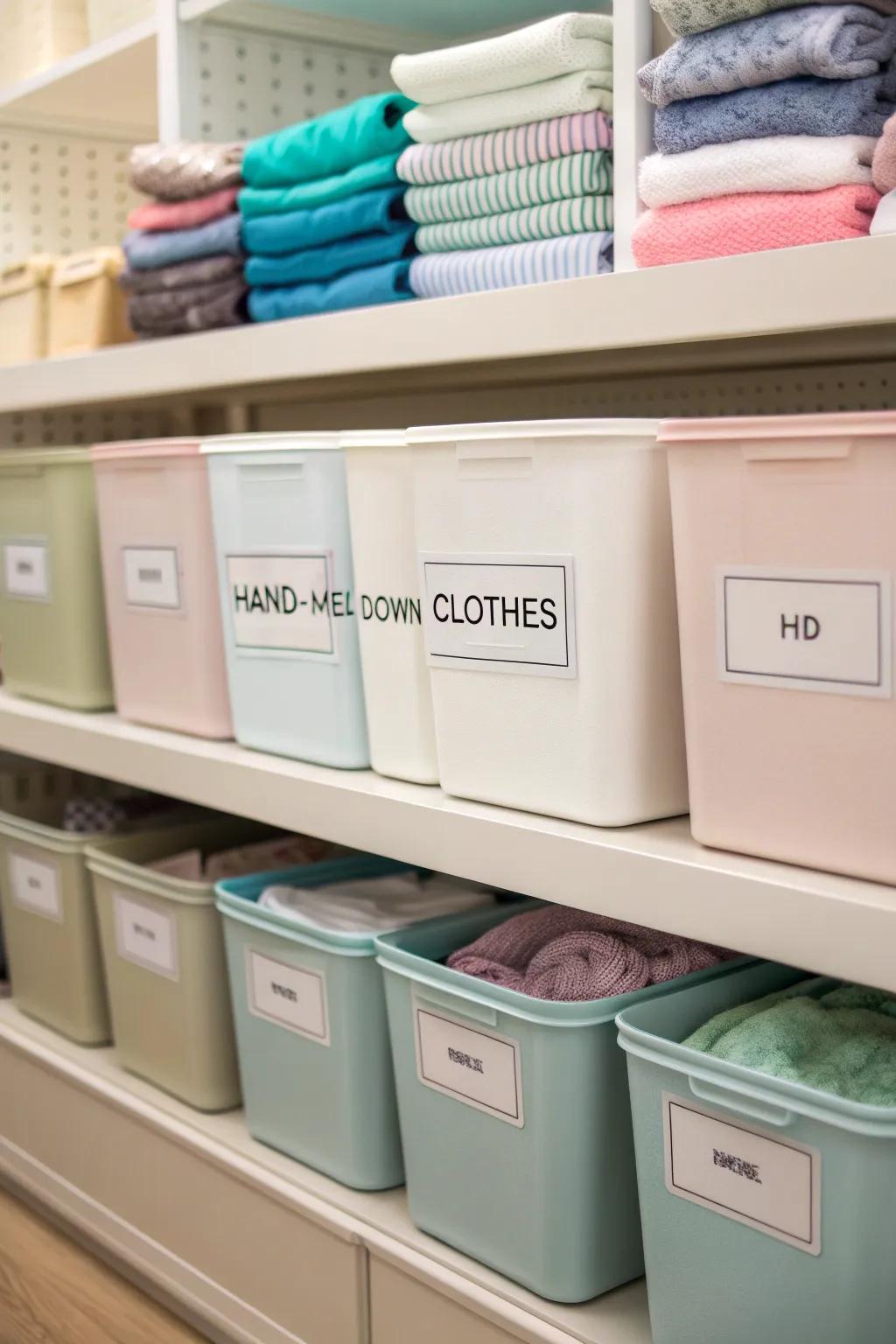 Organized storage for hand-me-down clothes.