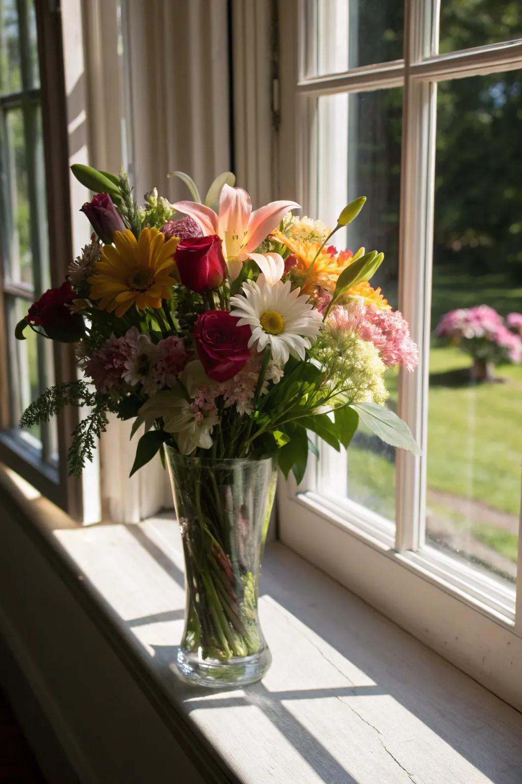 A flared vase producing a dynamic floral presentation.