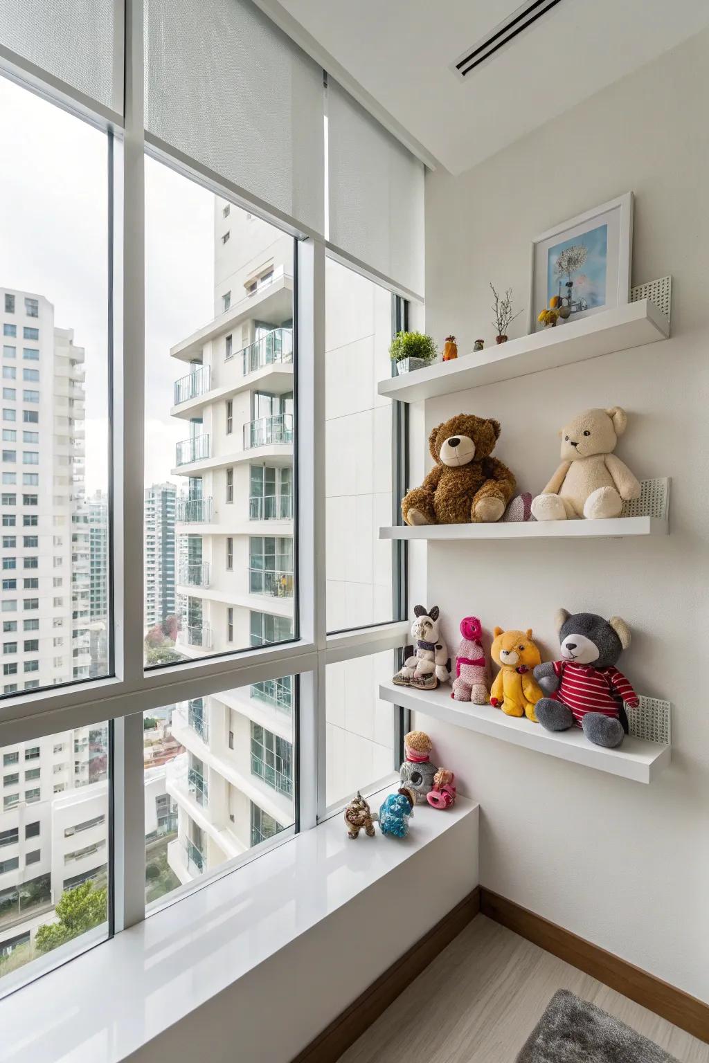 Floating shelves effortlessly blend functionality with aesthetics.