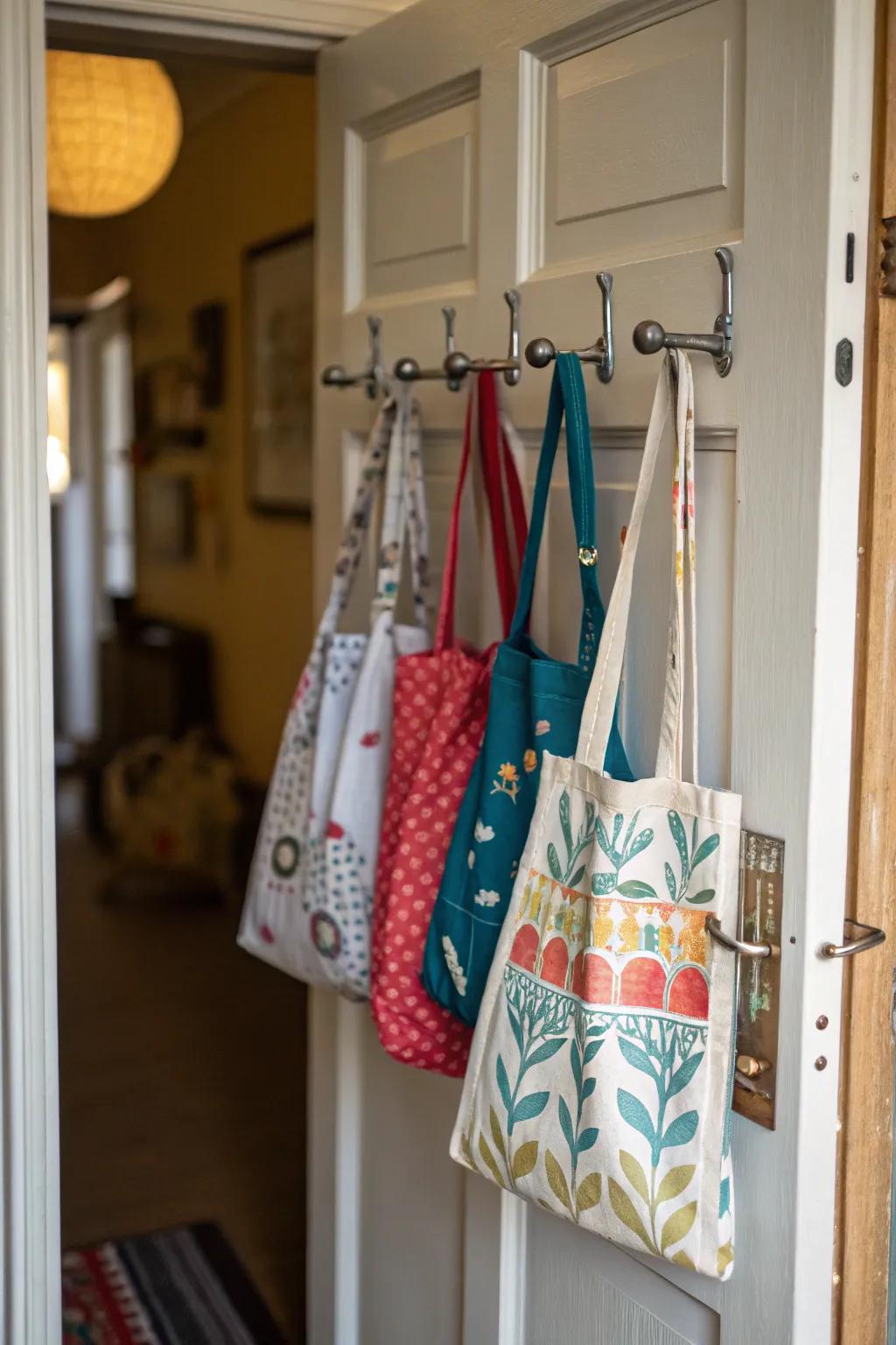 Over-the-door fixtures render vertical area functional for carryall storage.