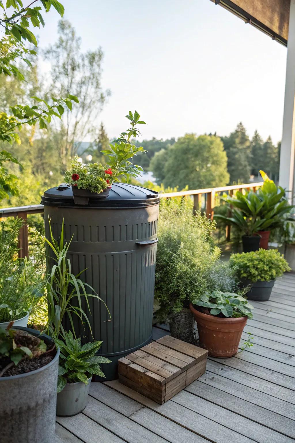 A space-saving compost container crafted from a garbage pail, suitable for patios and small areas.