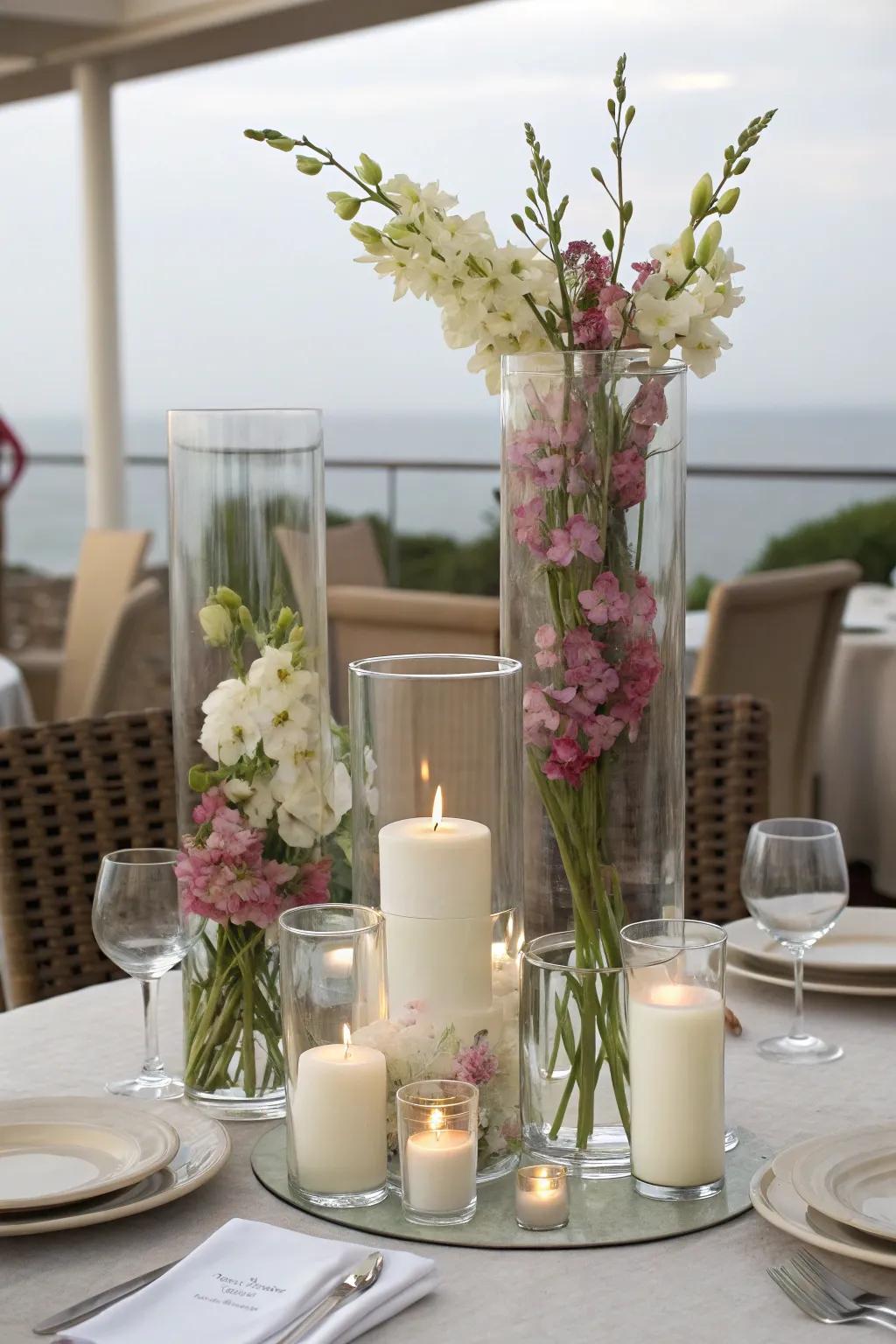 Assorted heights of hurricane vases produce a striking and visually stimulating centerpiece.