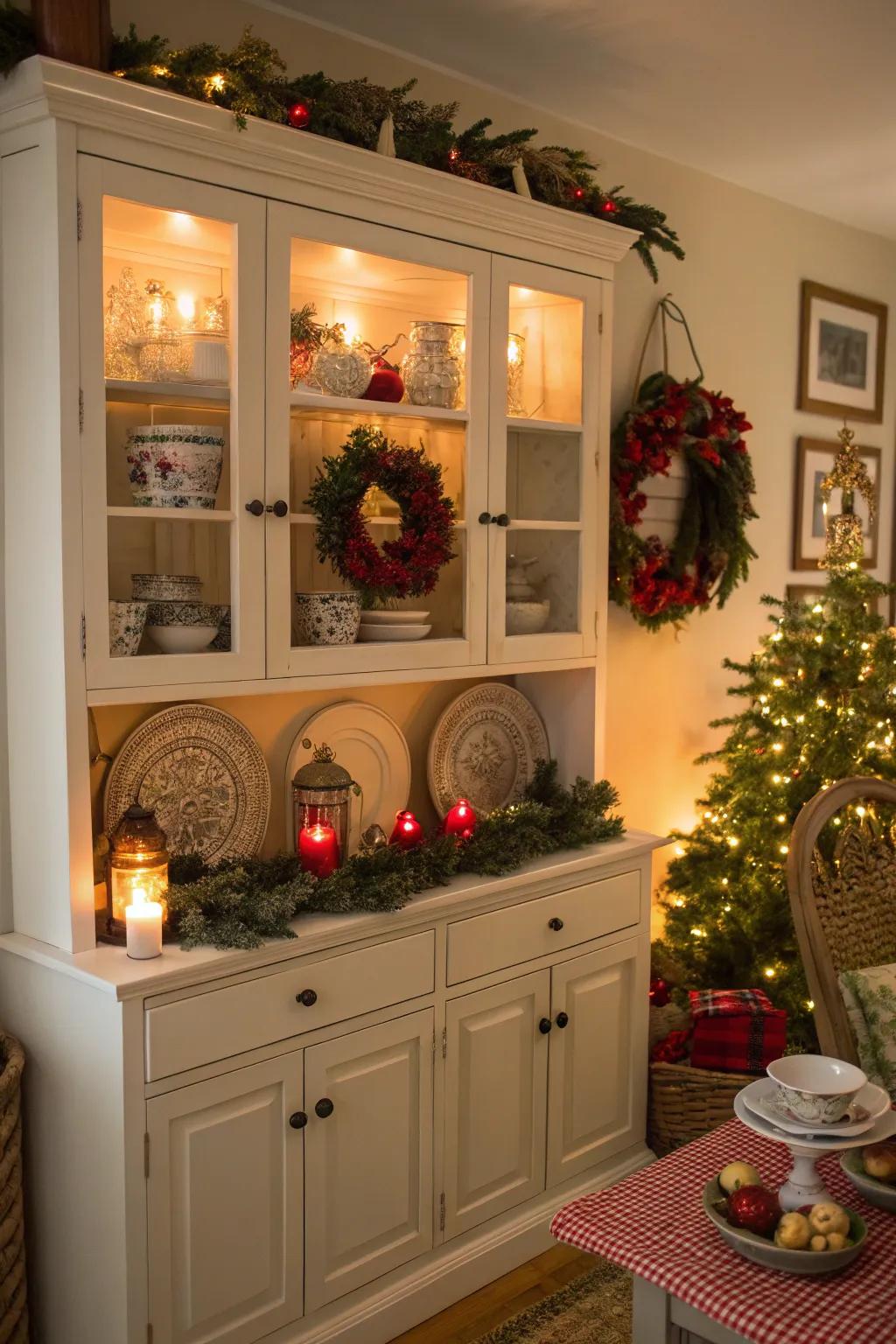 Seasonal touches introduce a festive ambiance to this hutch.
