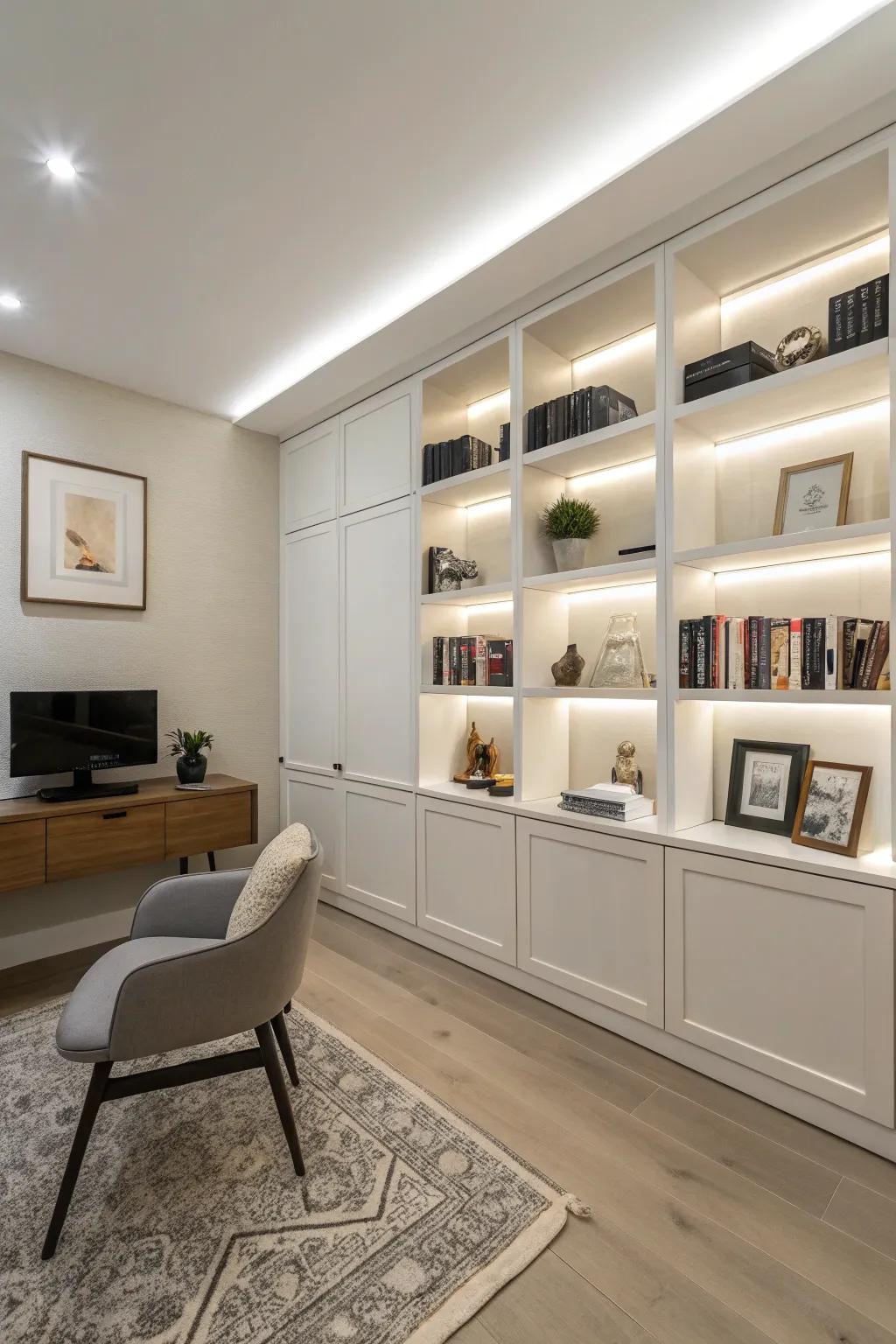 Sleek in-wall shelves impart a minimalist and contemporary impression.