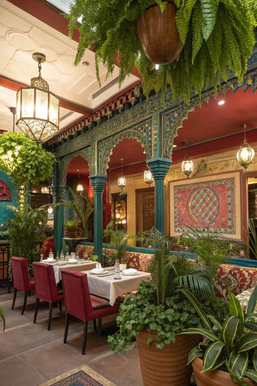 Decorative flora adds natural beauty to an Indian restaurant.
