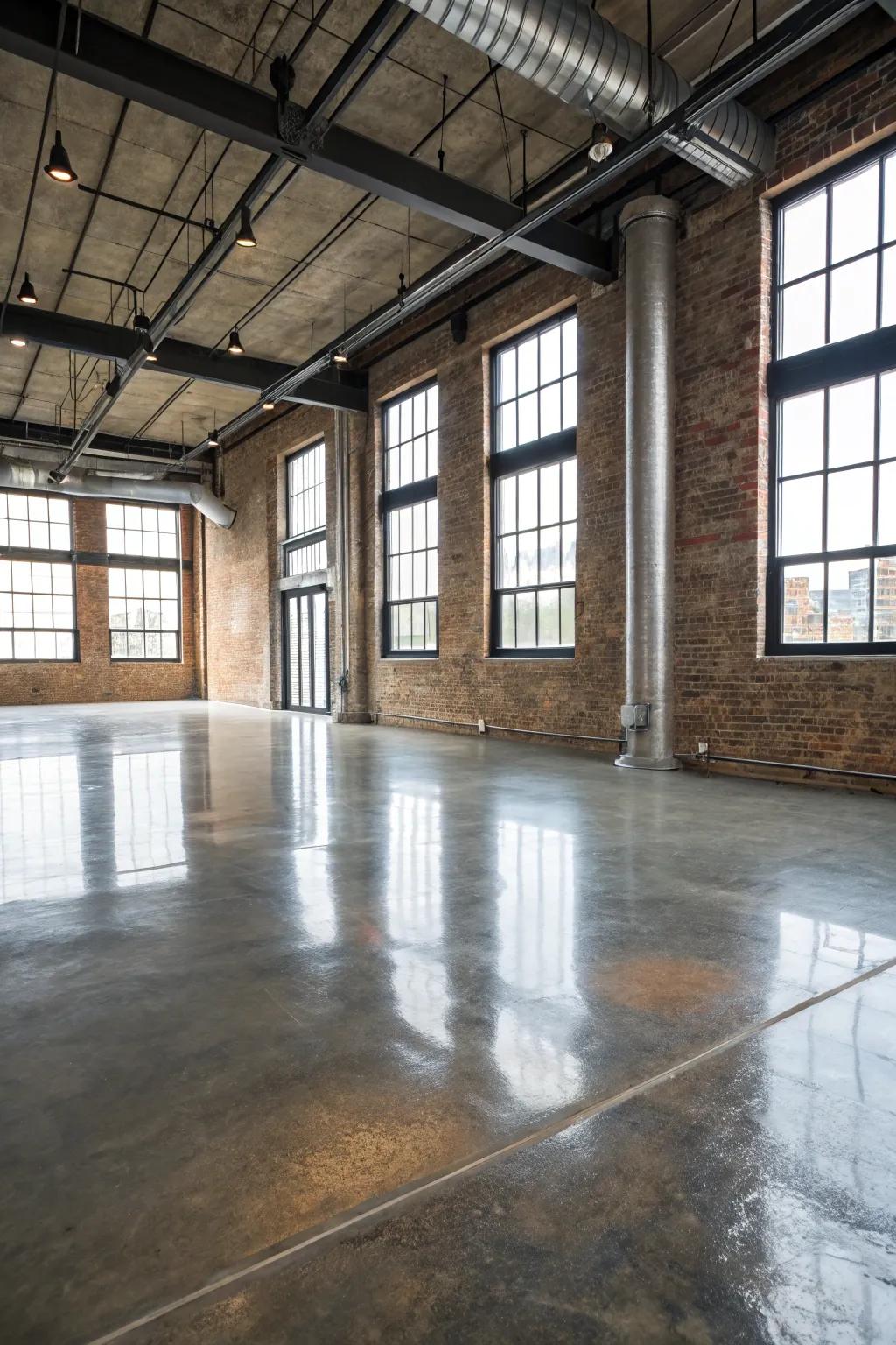A metallic glaze on a concrete floor imparts a contemporary industrial edge to this expansive loft.