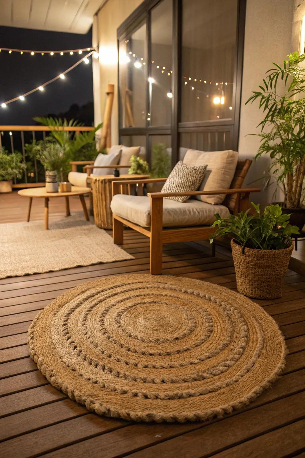 A plush rug offers warmth and texture to this indoor deck.