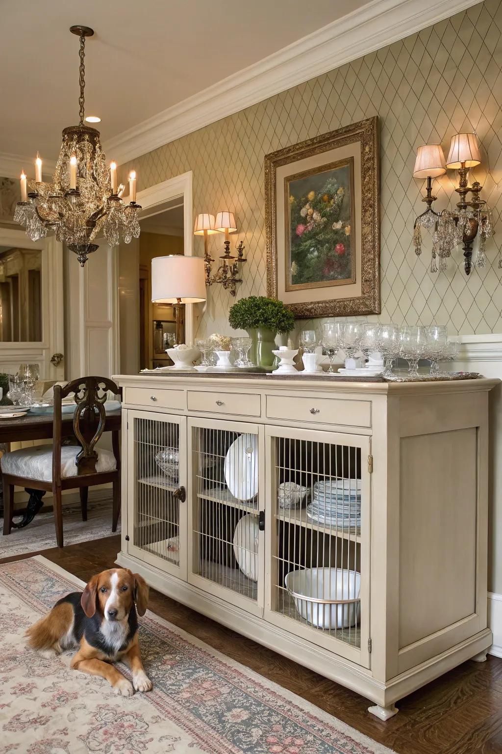 Dining elegance harmonizes with pet comfort via a repurposed sideboard kennel.