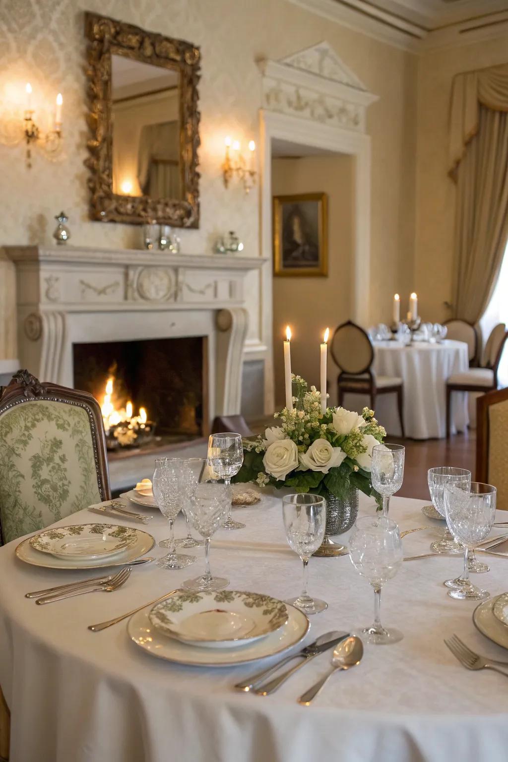 An elegant dining room graced by a fireplace, setting an inviting stage for memorable dinners.