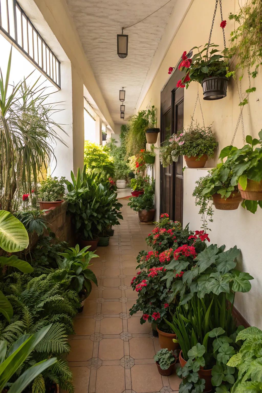 A vibrant assortment of botanical varieties enlivens any hallway, adding a touch of nature.