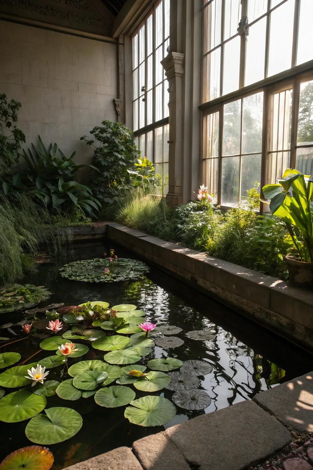 Aquatic plants yield a lush and revitalizing pond setting.